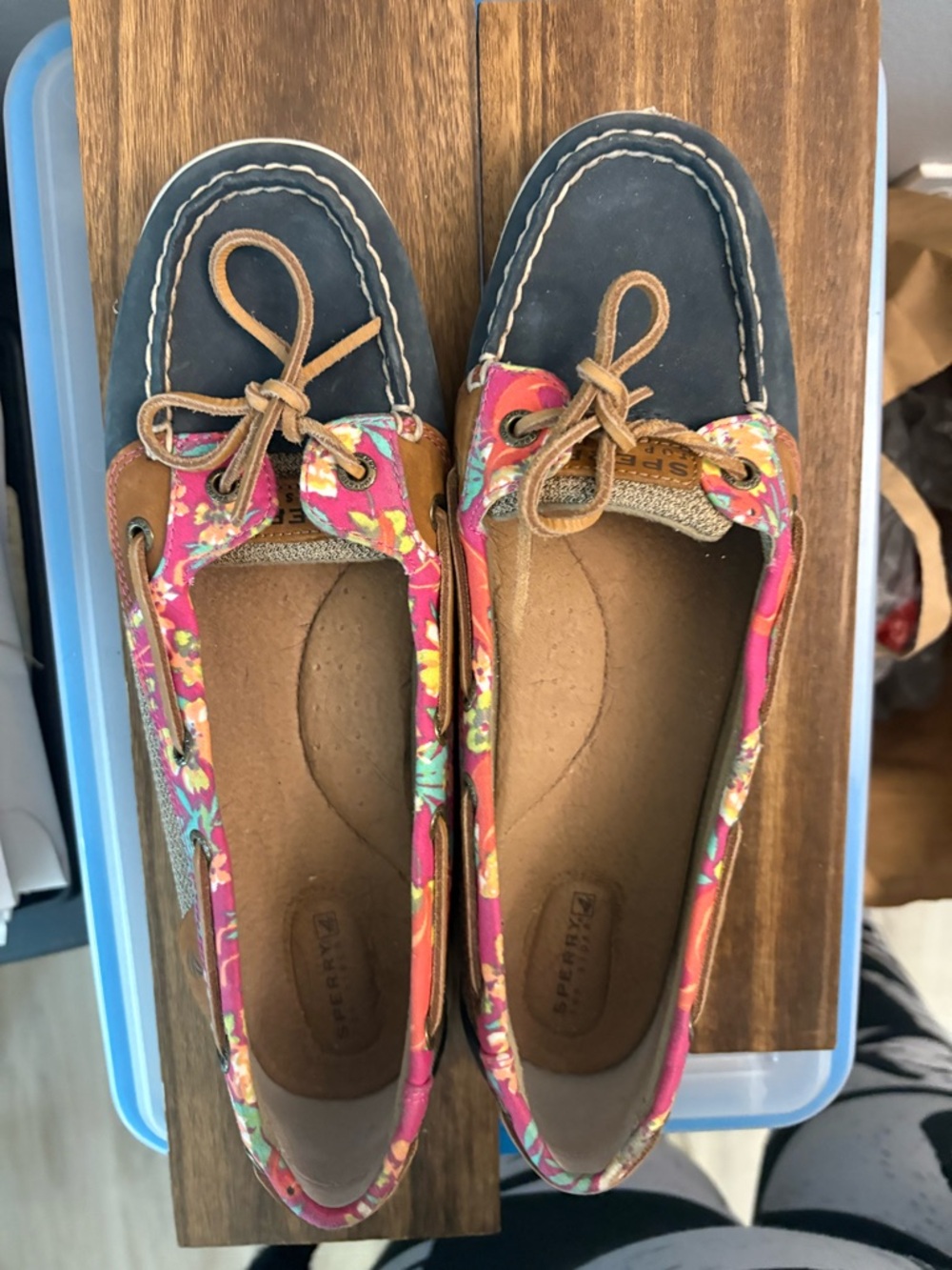 Sperry Navy Toe Floral Trim Boat Moccasins